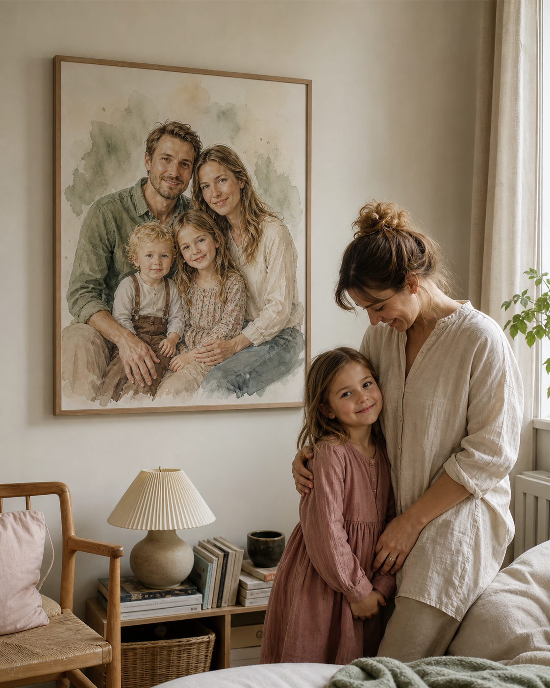 Exempelbild med ett illustrerat familjeporträtt i hemmiljö