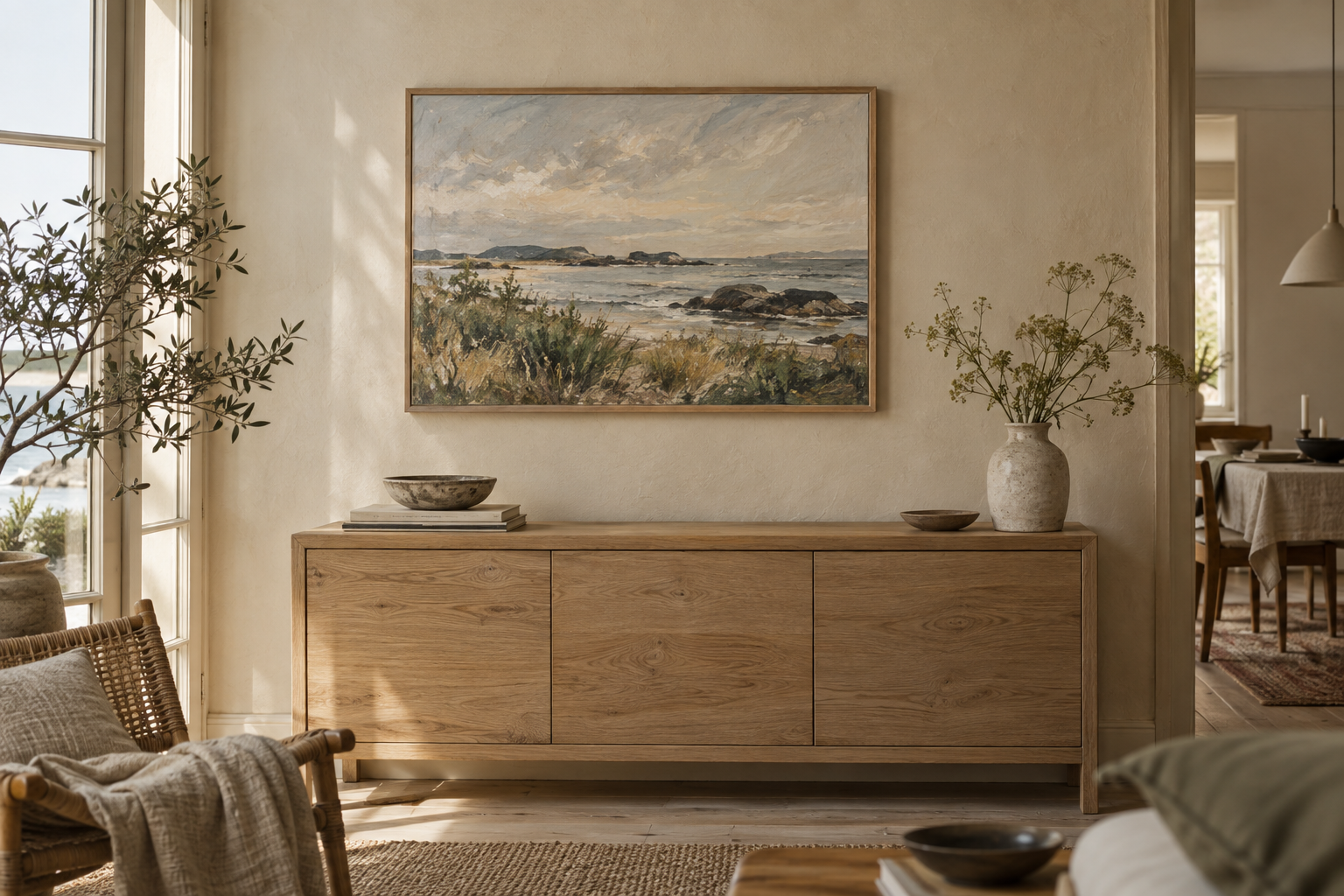 Inspiration: ett kustmotiv i ekram ovanför en träbyrå i ett ljust hem