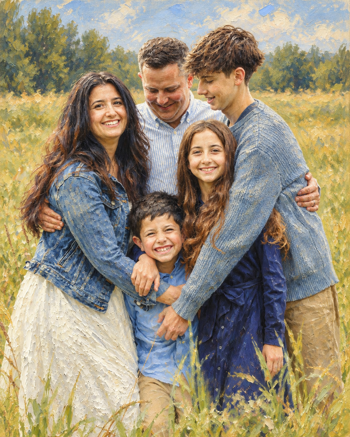Familjefoto tolkat som klassiskt oljemåleri